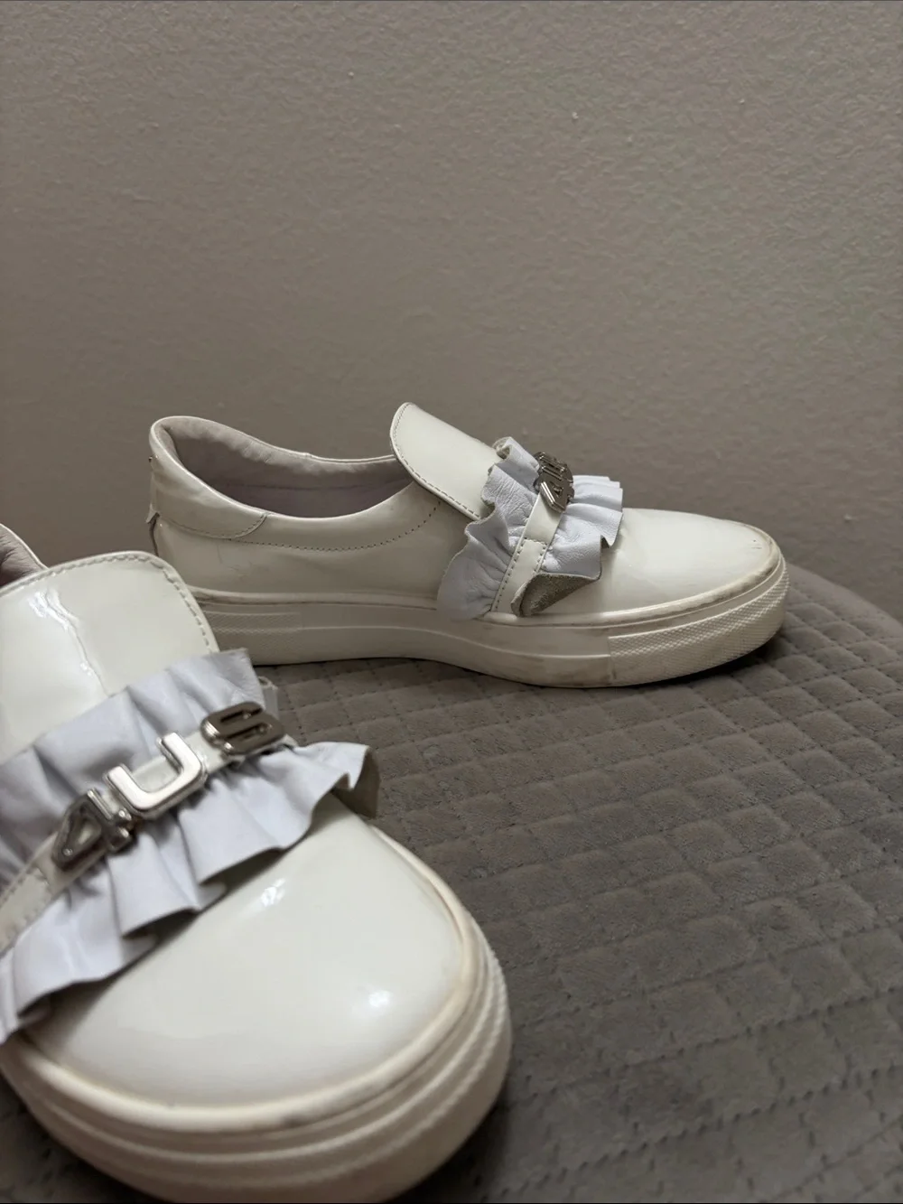 Cesare Paciotti White Patent Leather Slip-Ons with Ruffle Detail